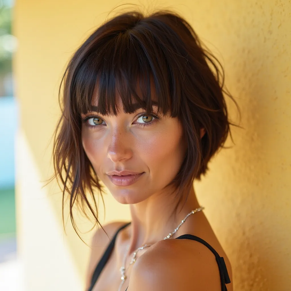  portrait photograph, in the south of Brazil,A woman with a short cut and long bangs, posing with a modern look. The fringe is well aligned, highlighting the eyes . Bright background and natural lighting., Nikon D6,  photo over the shoulder , angle at grou...