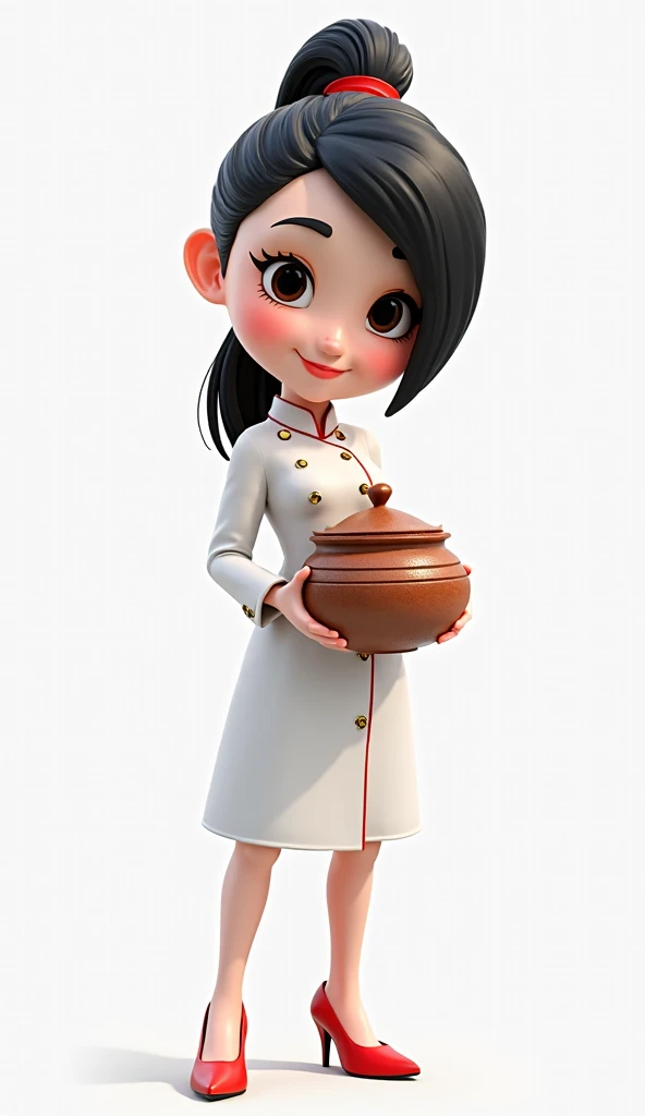 Create a 3D-rendered mascot character with a heart-shaped face and the appearance of a 35-year-old woman. She has straight black hair, with part of it elegantly draped over one side of her face, while the rest is tied up high in a ponytail with a red ribbo...