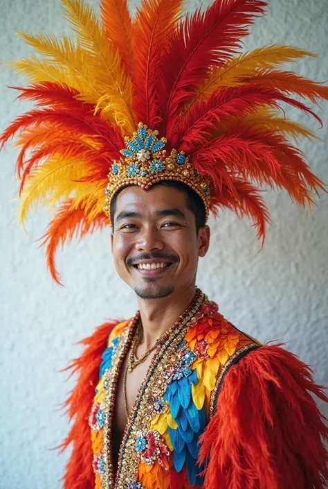 man smiling, dressed up as a woman with colorful carnival plumage,  white background