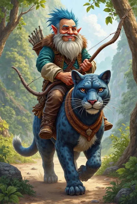 gnome, adult,  Patrolman , bow and arrow,  blue hair, Pointy nose, Pointy nose, riding his pet panther, gnome, big head, happy, 120 years old , more realistic drawing