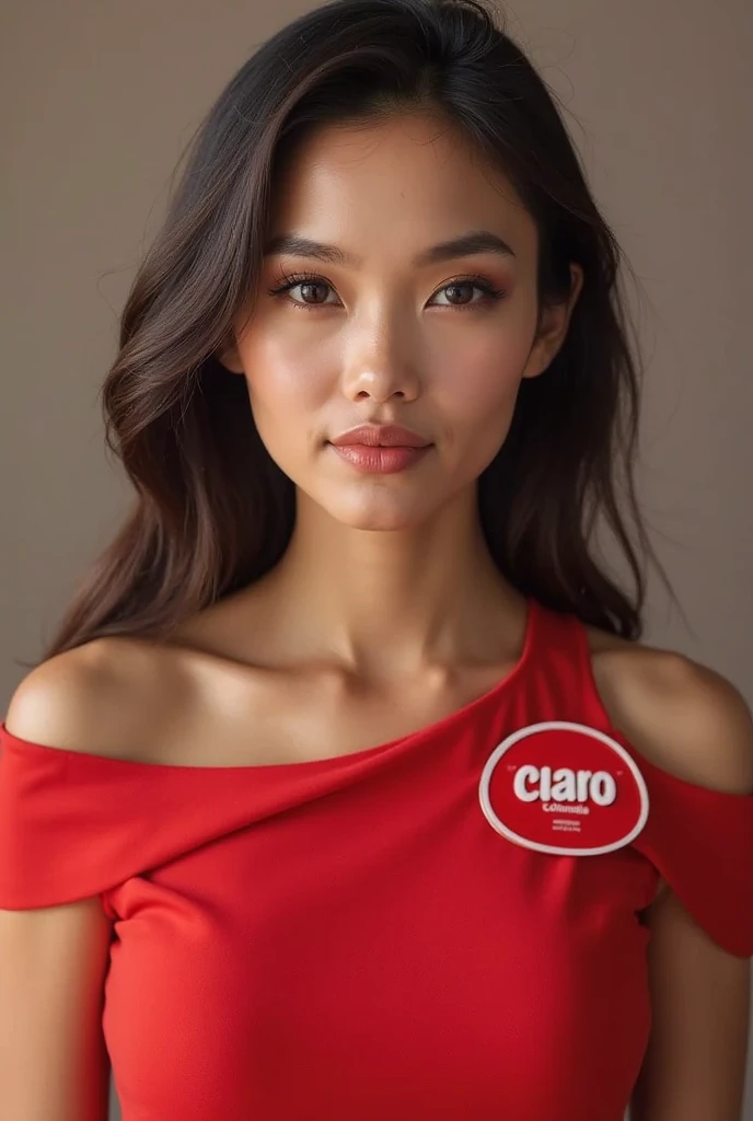 generates an image of a beautiful woman in a red dress, who serves as an image for the company Claro Colombia, and who has a badge on her chest that says the word CLARO, try with a style image as Passport-style photo, Keep the full face visible, Avoid mess...