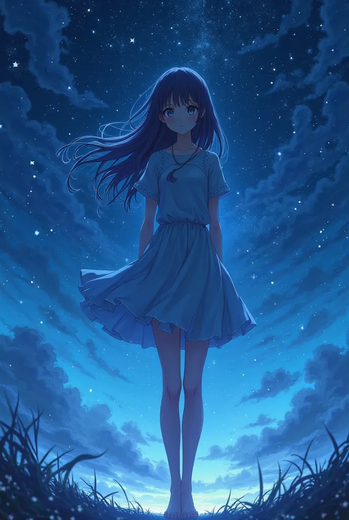 Make an anime girl standing in front of stars in blue tones 