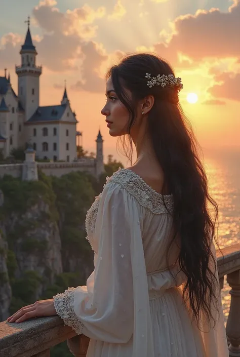 Create a beautiful maiden in white clothes, daughter of a king,  with black hair,  medieval style,  European features, blue eyes watching the castle from her balcony, a cliff, the sunset that is lost in the sun...