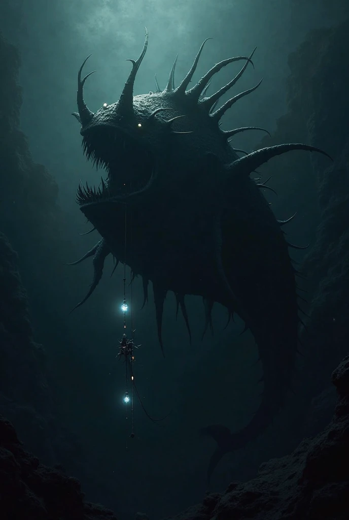 Silhouette of a huge angler fish in the dark 