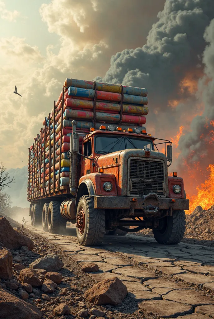 give me an image of a logging truck that is carrying loads of tubes of vinyl wrap, the road is cracked and broken, they are driving through a burning wasteland