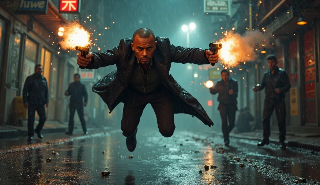 A high-intensity action sequence in a dark, rain-soaked alley at night. The protagonist, a battle-hardened man with a sharp, clean-shaven face and piercing dark eyes, is mid-air in a full-speed dive forward. His black trench coat flares behind him as he pr...