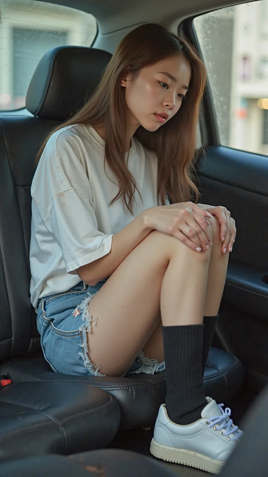  angle from butt ,full body,sit in the back seat of a car,( look down),21-year-old Japanese woman crossing legs to excrete large amounts of stool,Brown liquid scattered in the back seat ,( shorts and back seat stained with poop ),japanese,Korean style beau...