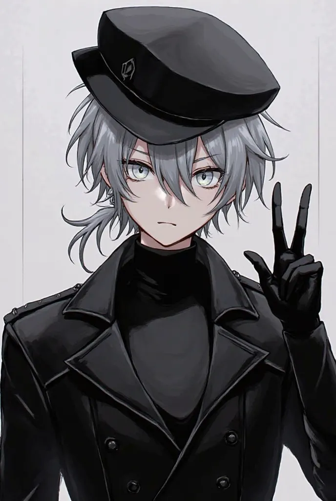 This character has a dark and stylish look. He has gray, slightly messy hair with bangs covering part of one eye. His hair is also tied in a small ponytail at the back. His eyes are light, almost silver, and his expression is serious and slightly enigmatic...