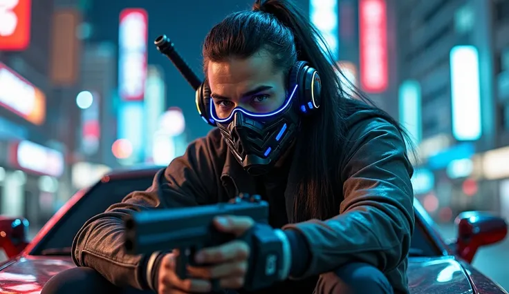 handsome guy, long ponytail hair, black hair color, blue eyes, tribal tattoo on upper half of his face, wearing futuristic hi-tech mask, wearing futuristic hi-tech blue neon headphones, wearing futuristic ninja warrior armor, wielding futuristic sword in h...