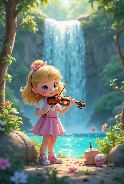 Waterfall, crafts, a chubby blond curly haired girl playing the violen & the colors green, blue, aqua, fushia & iridescent.  Make the style cartoony/anime with a slight bit of realism.   