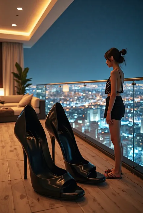 Create an image set on the balcony of a high-rise skyscraper with a high ceiling, offering a breathtaking view of the cityscape at night. The balcony is elegantly furnished with modern outdoor seating and soft, ambient lighting that creates a cozy and invi...