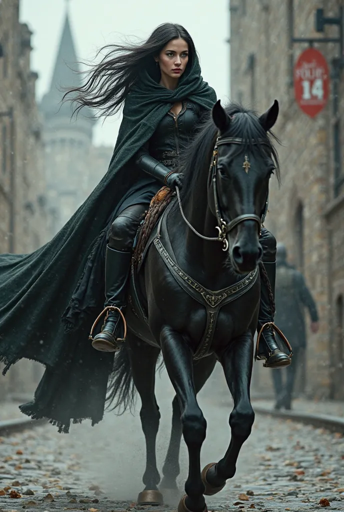 The same beautiful black-haired maiden with unparalleled beauty, with his hood escaping from the castle with his black horse, hair in the wind, heading to the curb