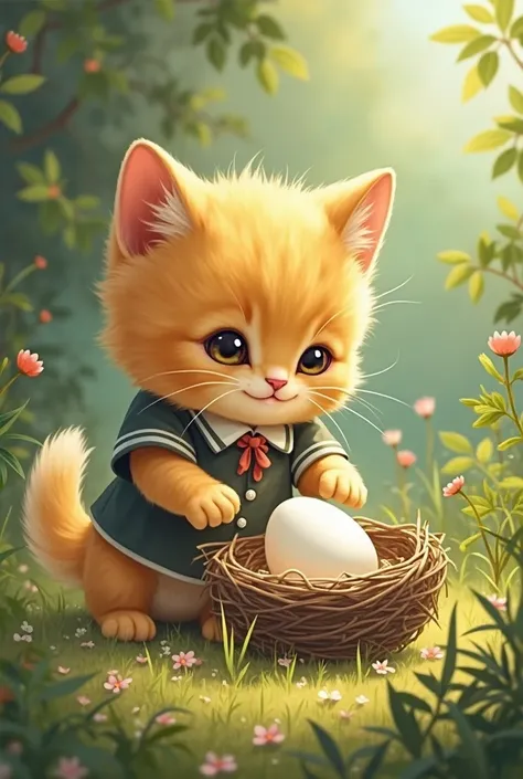 Yellow kitten wearing school uniform finds a nest with a white egg