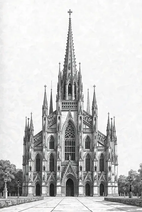 Generate a drawing of a cathedral in black and white on a very well done A4 drawing sheet