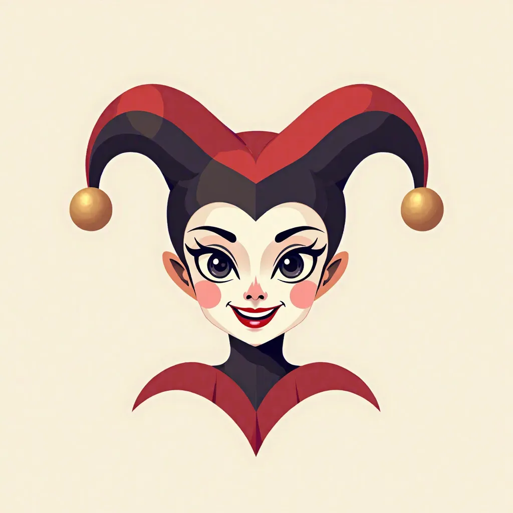 Logo with a jester girl. Just the face,crafty, a strong smile and strong minimalism. At least 3 different colors