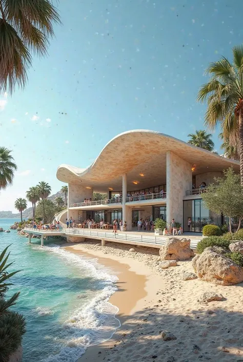 Sketch of a Mediterranean-style bus station on the beach, with a curved roof that looks like the fluttering of a stingray.