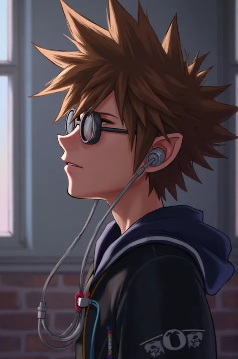 personagem Sora do kingdom hearts ,  listening to music ,  glasses with earphones