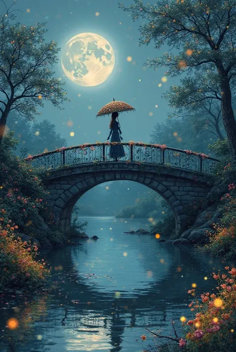 An ancient bridge over a tranquil river,  reflecting the light of the full Moon .  
   - A woman holding an umbrella decorated with flowers, standing in the middle of the bridge,  admiring the landscape .  
   - Flowers and trees along the banks of the riv...