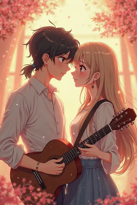 Matching anime profile pictures for a male and female couple with the girl playing guitar