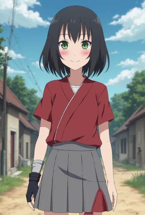 Screenshot of NARUTO SHIPPUDEN, a 16-year-old girl, with white skin, short and semi-wavy black hair, green eyes, bambi eyes, doll-like eyelashes, subtly made up with pink lipstick, pompous lips, showing a sweet and warm smile, full body. She wears a kunoic...