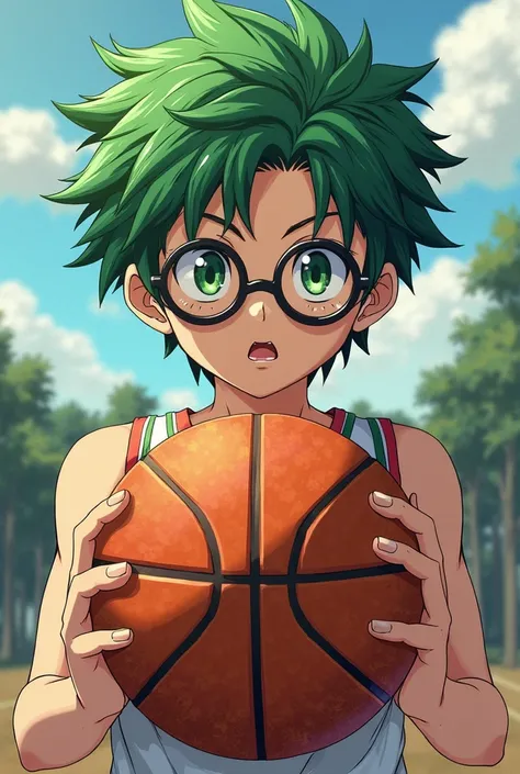 anime character with green hair and glasses holding a basketball ball, a digital rendering inspired by Sakai Hōitsu, pixiv contest winner, shin hanga, Makoto Shinkai, epic anime style, shogakukan, makoto, Tsukasa Dokite, striking manga artstyle, makoto shi...