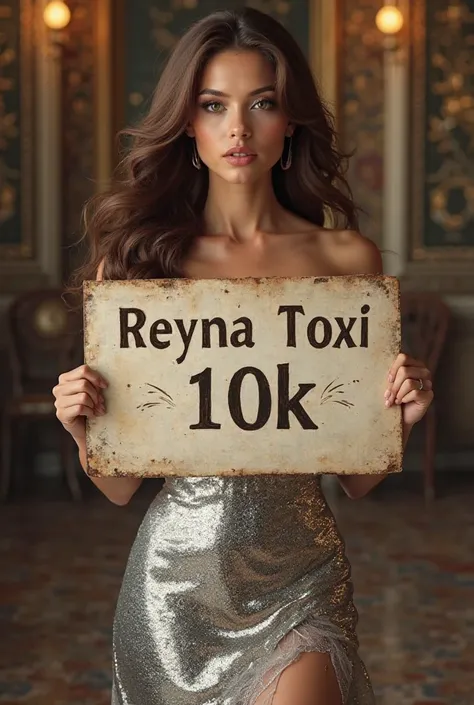 A princess with long brown hair, brown eyes and a shiny silver dress with a sign in her hands that has written Reyna Toxi Bet 10k