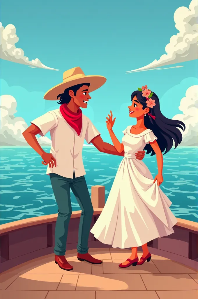 It generates a semirealistic cartoon style with flat colors and without gradients ñ, to notice the change cut of each color of two young Jarochos dancing on a boat against a background of a blue sea and a clear sky with some clouds , the man must wear simp...