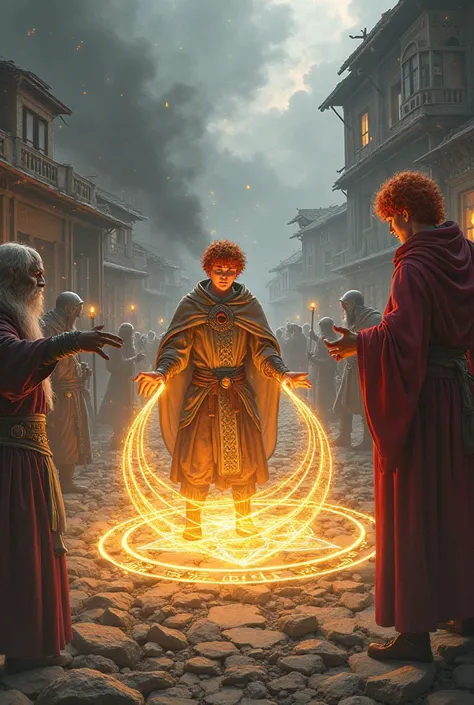 fantastic art, , , dungeons and dragons fantastic art, Boy clergyman red-haired wizard healing allies with magic circles in a destroyed village