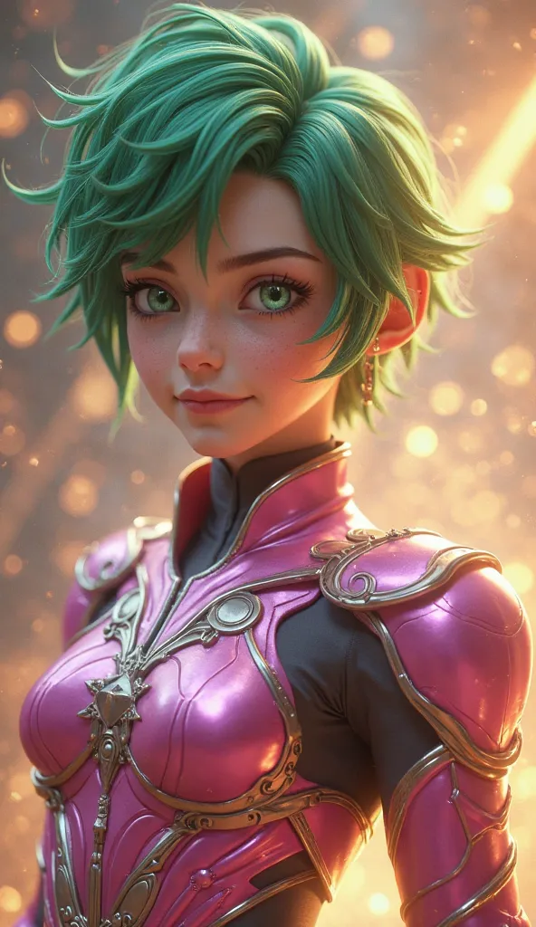 Andromeda Shun 
"A young male with delicate features and green hair, with expressive and gentle eyes. wears pink metallic armor with silver details, with an elegant and protective design. His cosmic currents float in the air,  shining in golden tones . His...