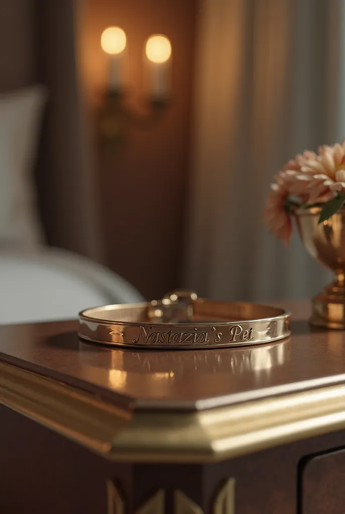 A closeup realistic image of a simple metal collar sitting on a bedside table of a luxurious bedroom ((with the words ‘Nastazia’s Pet’ written on))