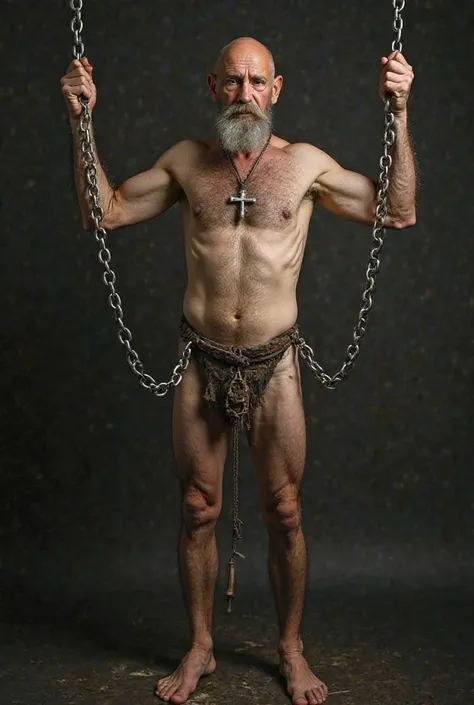 Severe 60 years old Ukrainian Cossack bald mustachioed man. Bare hairy shaggy very skinny slim torso with big "beer belly", completely undressed nude. Big old hairy penis and bull balls hunging between legs. No muscular, dilf body. Orthodox cross on neck. ...