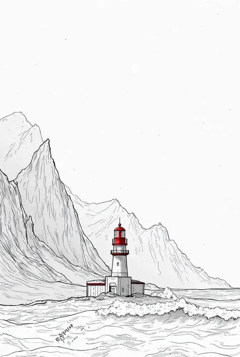 A drawing with few lines, From the lighthouse of San Juan (Avilés) and the rough sea crashing into the mountains.  seen from the sea