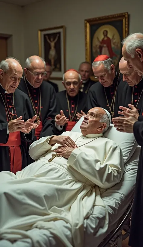 A deeply emotional scene inside a hospital room where Pope Francis lies in a hospital bed, looking frail and visibly weak. He wears his traditional white cassock, and his hand rests gently on his chest. Surrounding his bed, several bishops and cardinals in...