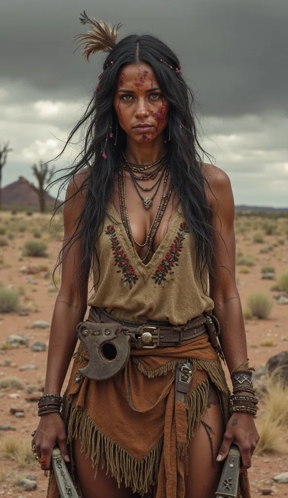 Female Apache warrior, dressed in an aged leather skirt and a rustic fabric blouse embroidered with tribal symbols. Her attire has signs of wear and tear and struggle, with fringes that have frayed over time. His face, hardened by battles, is covered with ...