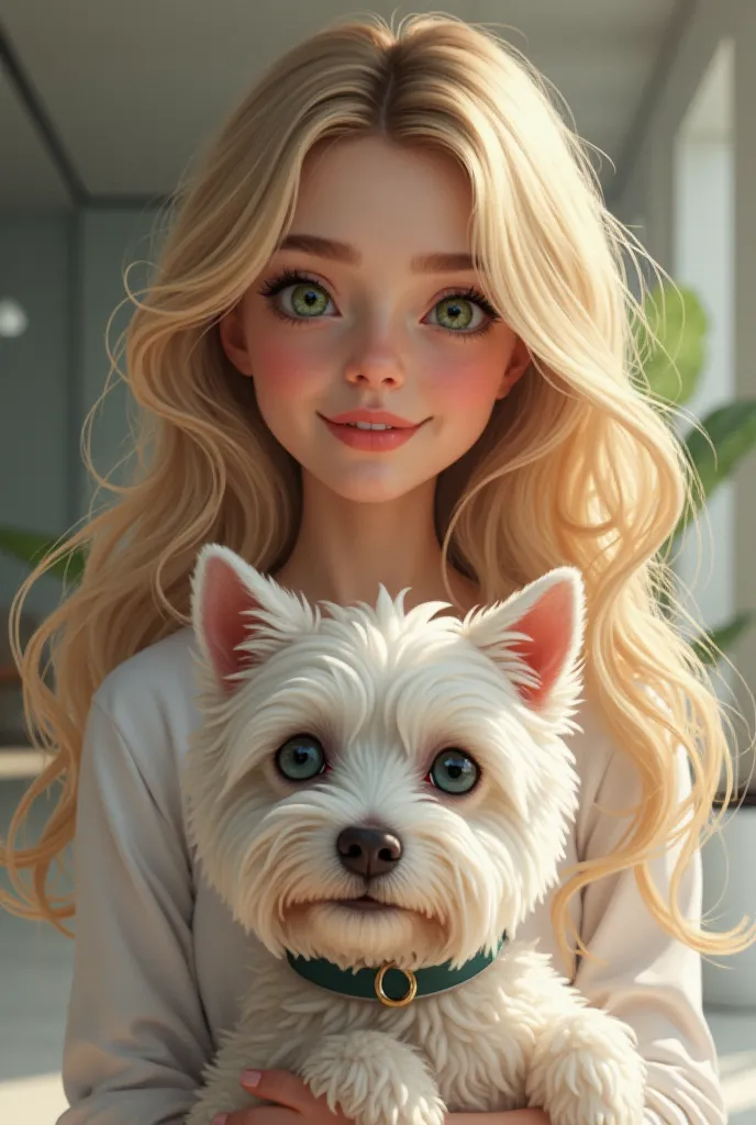 beautiful green eyed blonde girl with small white dog is an entrepreneur 