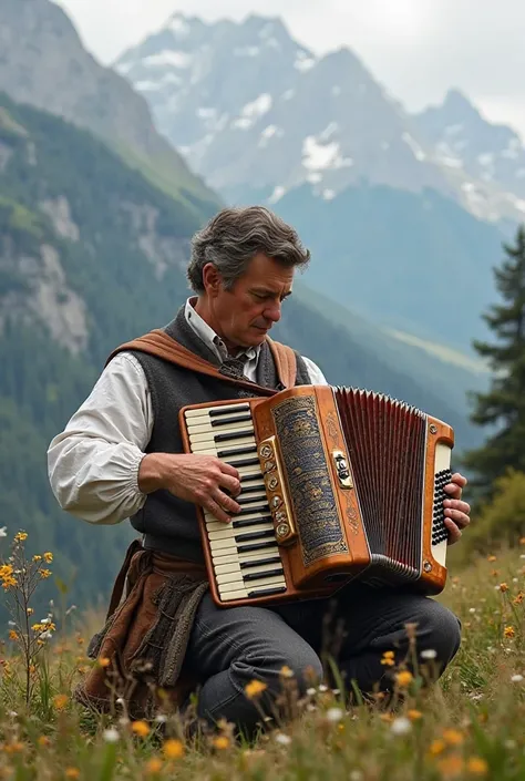 I want an accordion player playing accordion in the mountains