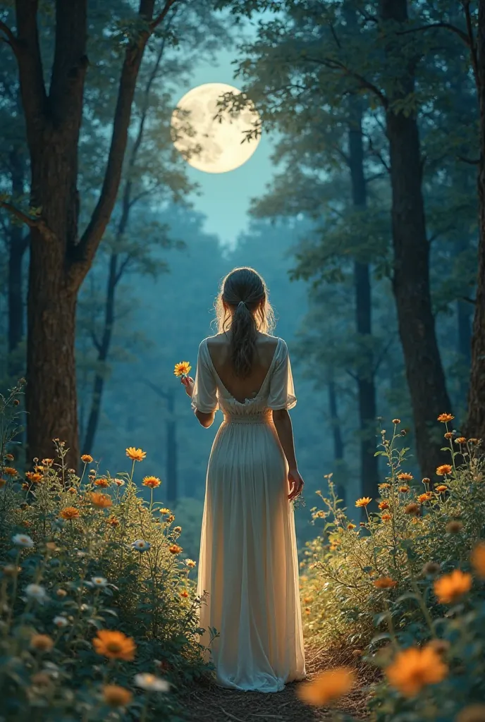 A dense grove, With the full Moon filtering through the trees.  
   - Bright flowers on the ground,  creating a luminous path .  
   - A delicate woman , wearing a long, ethereal dress,  holding a flower in his hand , while watching the moon .  
