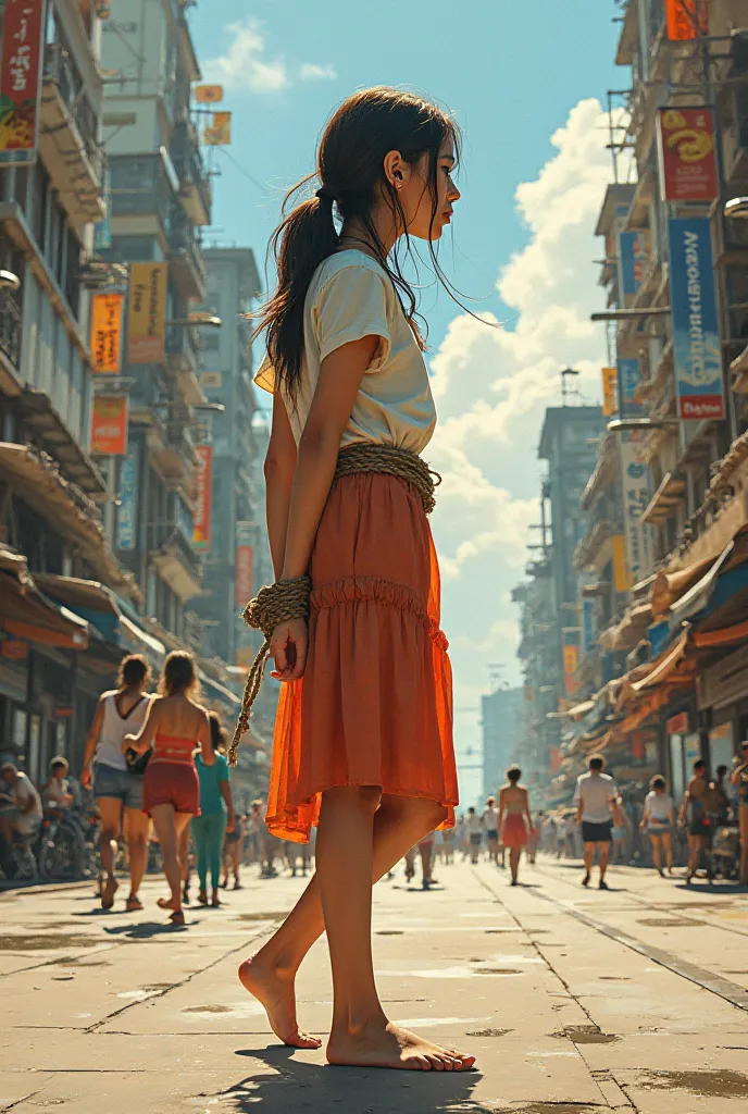 The girl walks barefoot through the city with her hands behind her back and tied with a rope in her wrists side view sunny day