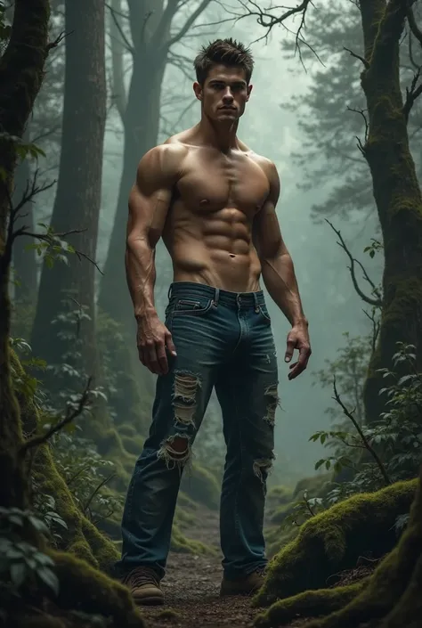 Taylor Lautner in a dark forest in jeans and shirtless