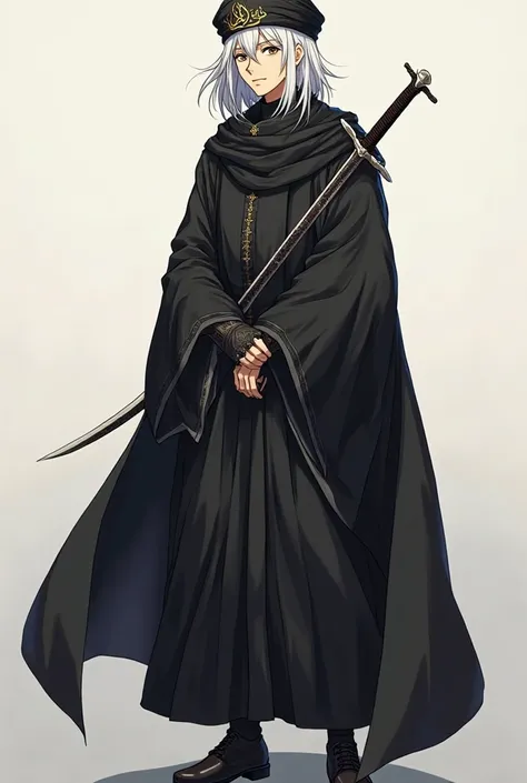 A tall anime was born with medium-length white hair. He is 18 years old. He wears a black turban with a small crown of Dahab with the words Allah Akbar. He wears long black robes for Muslims and a black shoe with a sword on his back with a sword whose hand...