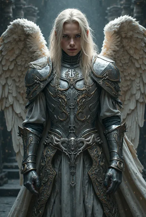 Origin of the Guardians, a male angel with a young and rude face with long hair, silver armor with snakes and a sword; around it is a sanctuary with a black background and light