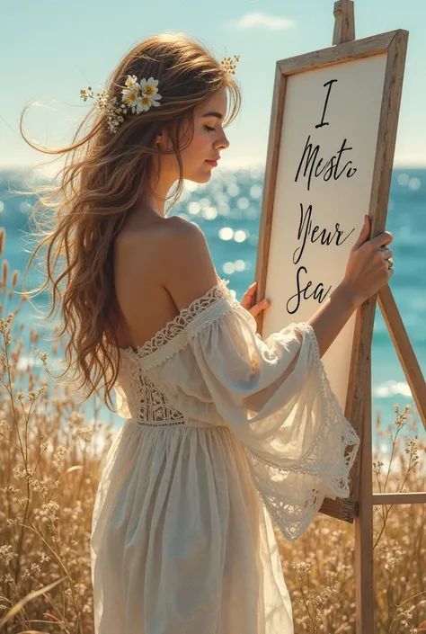  A beautiful girl with long wavy hair ，wearing a bohemian dress， Hand written “I Love Sea” Art Infinity” Whiteboard for text，and show the audience