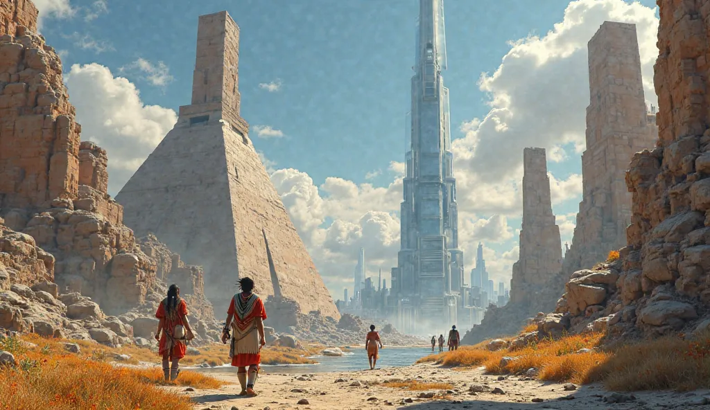 A futuristic Native American cityscape—tall structures inspired by traditional indigenous architecture, with stone pyramids blending into high-tech glass buildings. People in traditional clothing use advanced technology.