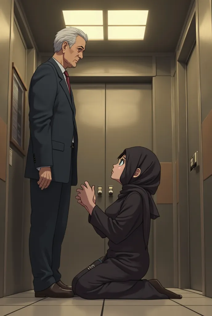 Anime
Elevator interior
Background parents on their backs
Close-up Kneeling girl with big breasts looking up
The girl wears a Hijab and fitted abaya 
Close-up in front of an old man standing 
Close-up the girl has her face attached to the old man's pants
