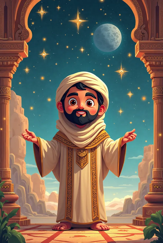 Ancient  cartoon arab  with little cartoon star, and ancient arabs culture space background