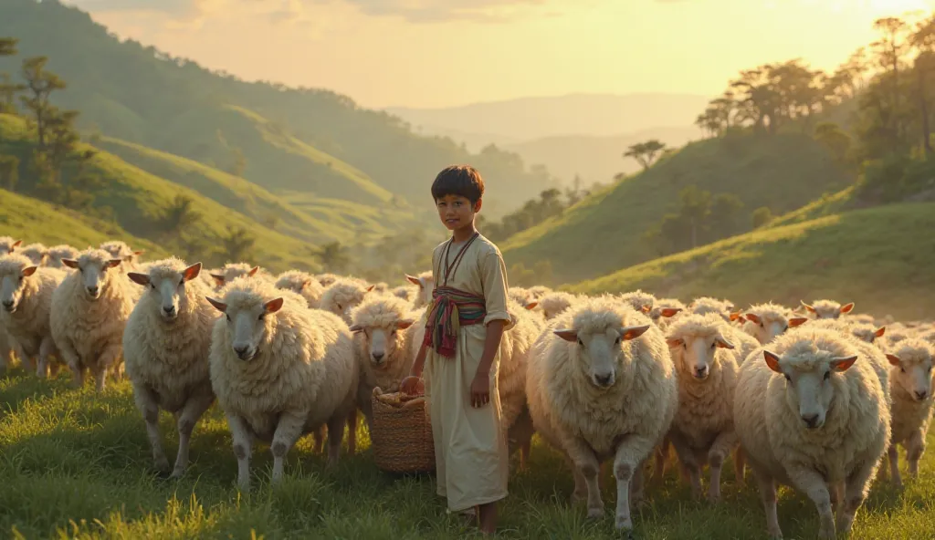 A Thai boy was walking herding a large flock of thick fur sheep near a hill.