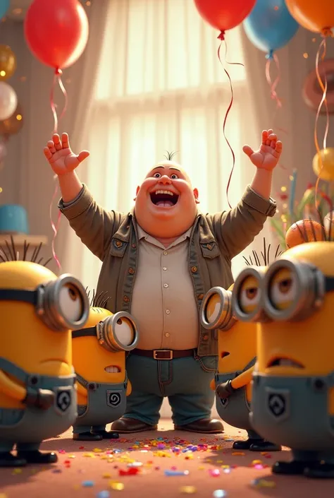 Gru celebrating with the pregnant Minions