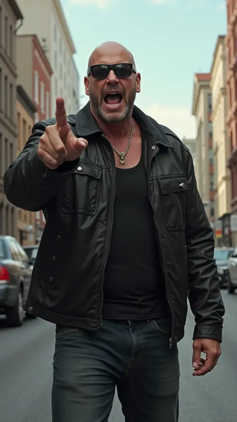 Hyper realism style.   maximum detail.  Background - city street.   clear day . full-length man, the big leader of the biker gang, screams and points his finger in front of him, he is wearing a black jacket and a black tank top. He has his back to us, turn...