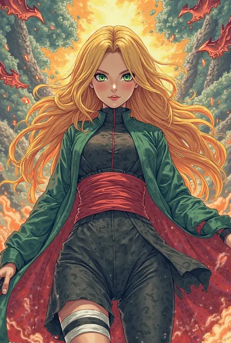  style:naruto MANGA in color,Genre:Women,eyes:greens,hair:long blond plain