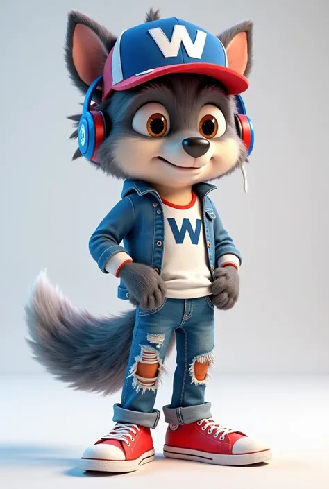 ** *"A 3D mascot character of a age anthropomorphic wolf, friendly, Charismatic and Happy. Wearing a blue cap with white and red accents, with a LETTER 'W' logo, slightly leaning forward with spiky hair. Vestido com uma camiseta branca with a LETTER 'W' lo...